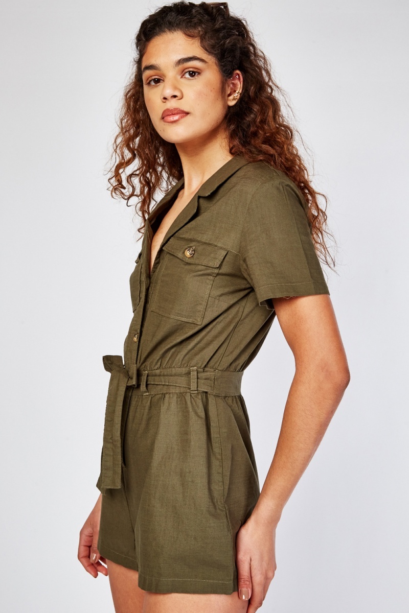Belted Olive Cotton Playsuit - Just $7