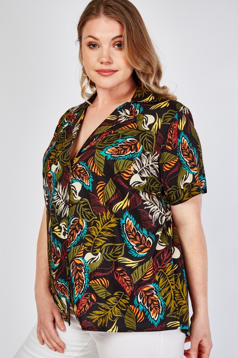 Tropical Leaf Print Blouse - Just $7