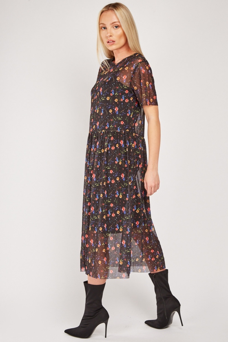 Floral Mesh Overlay Midi Dress - Just $7