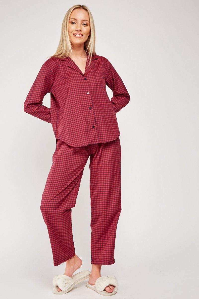 Checkered Two Piece Pyjama Set - Red/Navy - Just $7