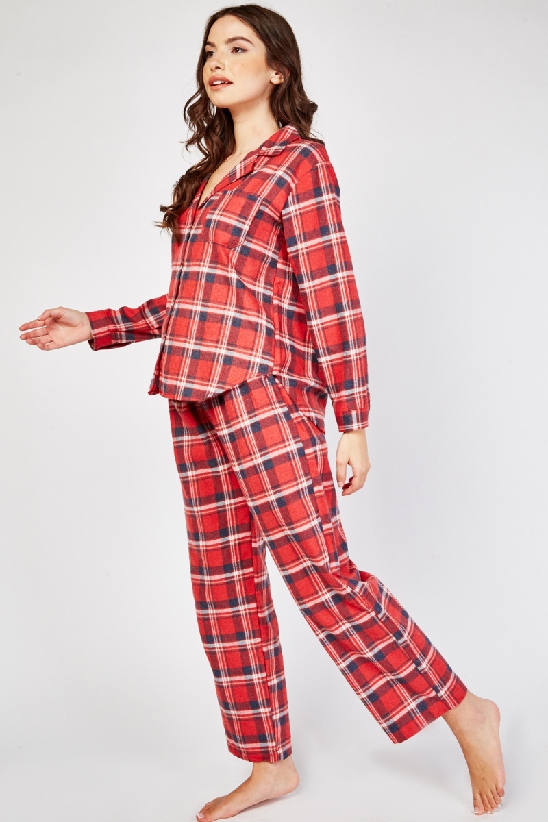 Plaid Single Pocket Pyjama Set - Red/Multi - Just $7