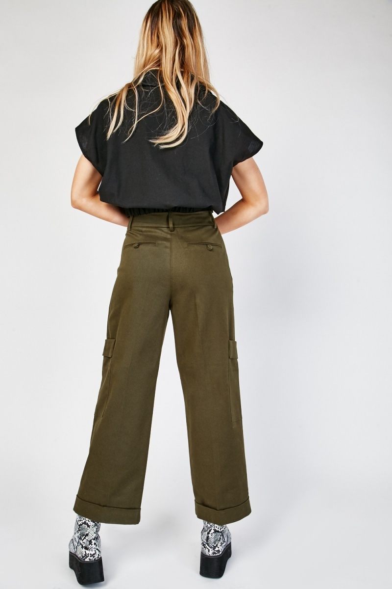 Oversized Pocket Side Utility Trousers - Olive - Just $7