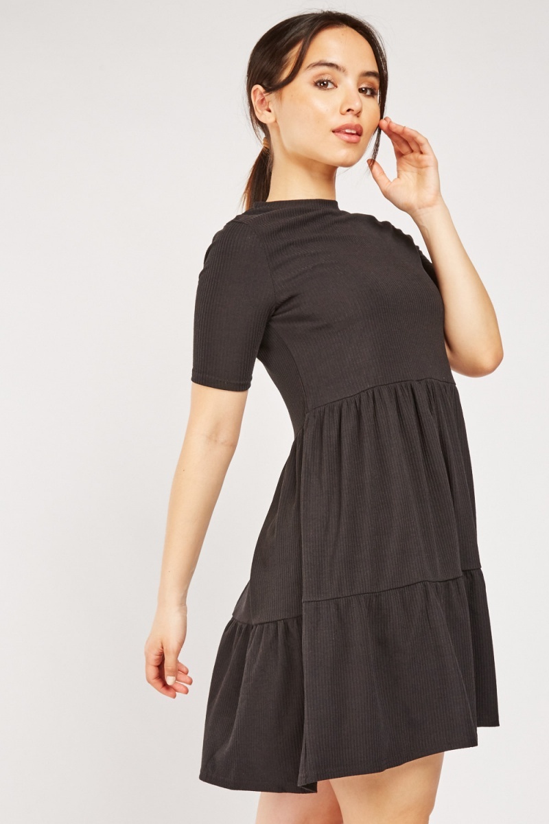 Ribbed Tiered Tunic Dress - Black or Khaki - Just $7
