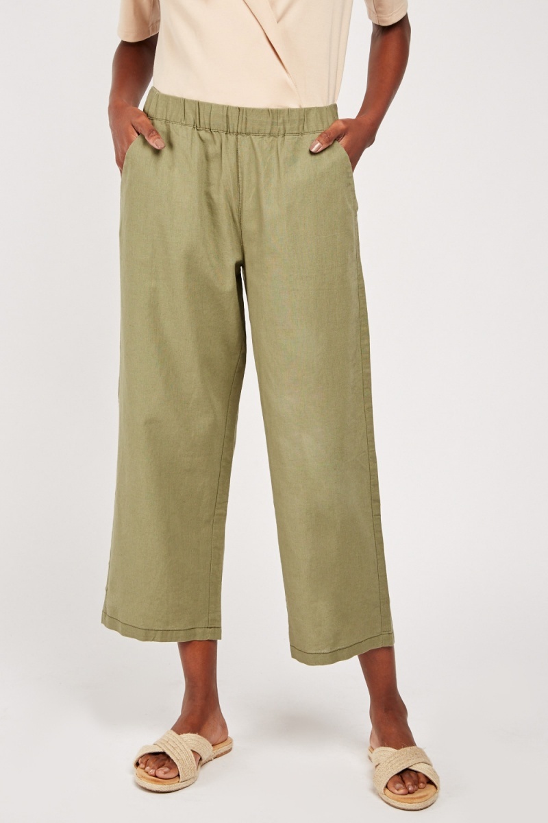 Elasticated Waist Crop Trousers - Olive - Just $7