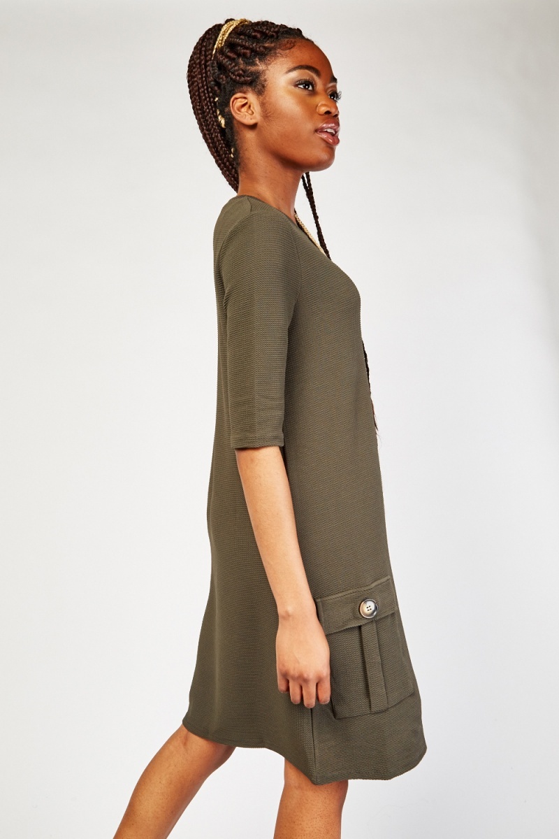 Flap Pocket Front Textured Dress - Forest Green - Just $7