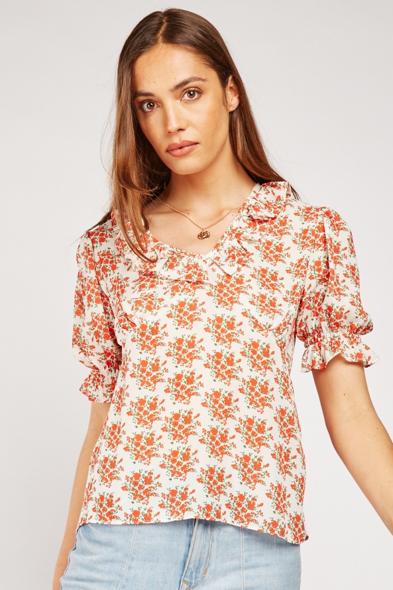 Printed Ruffle Neckline Top - 5 Colours - Just $7
