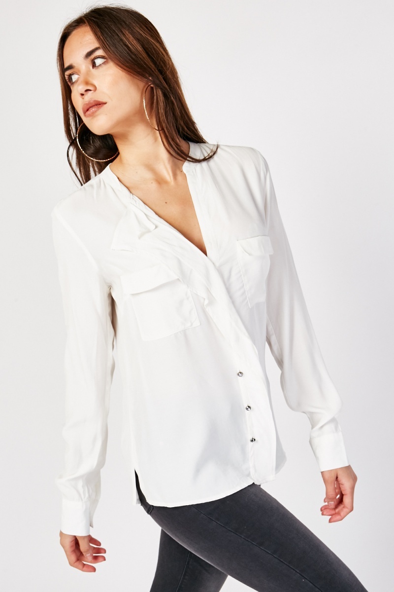 Button Up Flap Pocket Shirt - White - Just $7