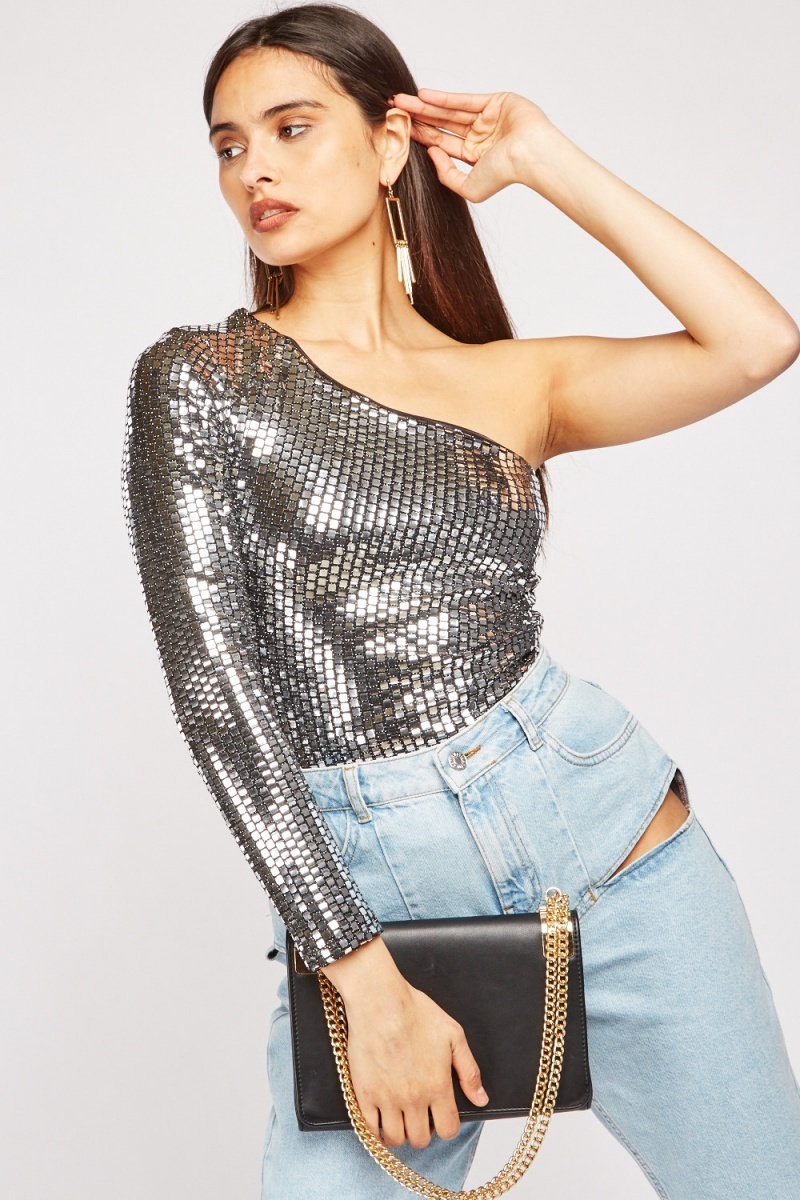 One Sleeve Disco Sequin Top - 4 Colours - Just $7