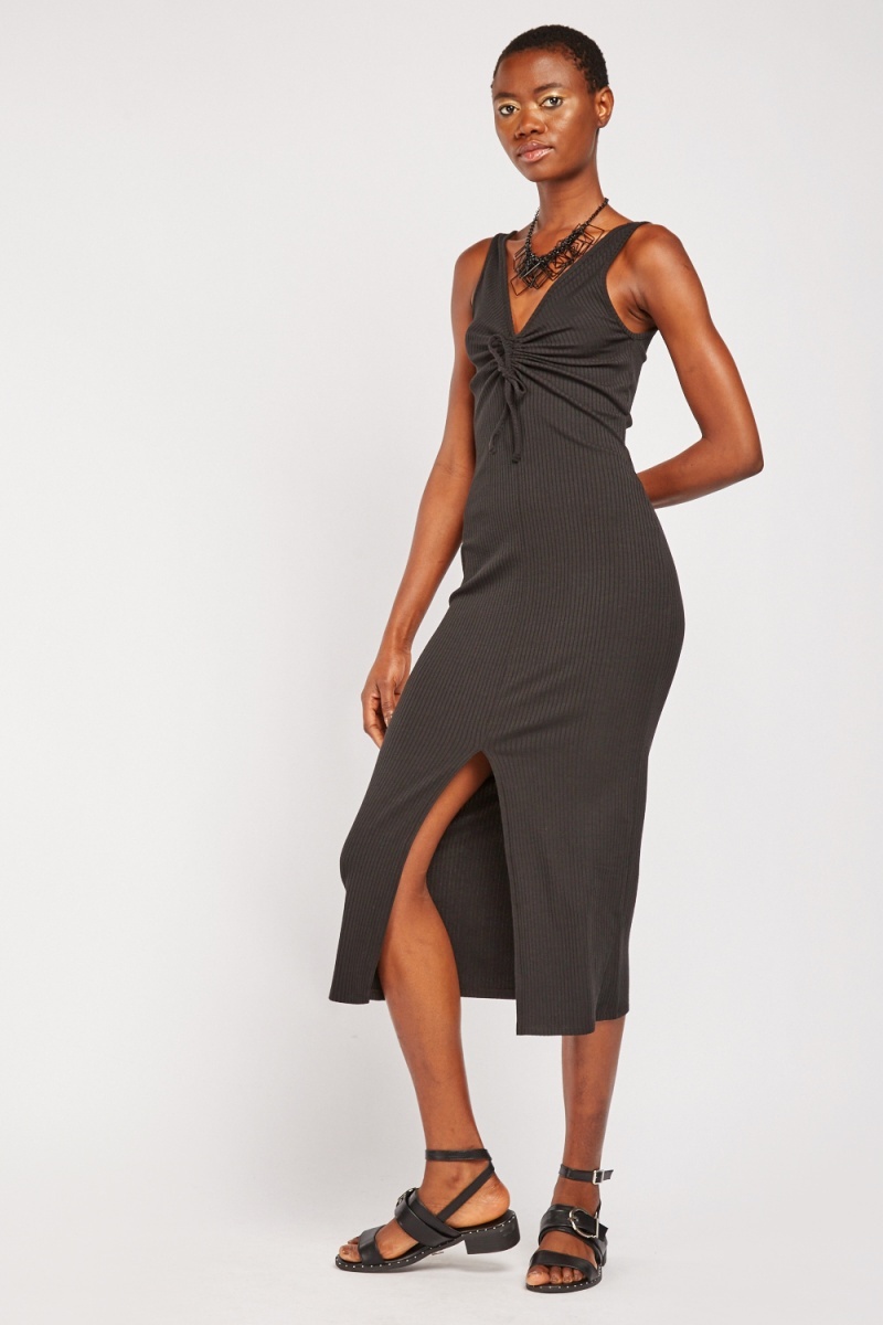 Rib Knit Ruched Slit Dress Black Just 7