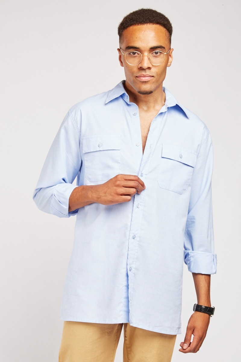 Pocket Flap Front Cotton Shirt - Light Blue - Just $7