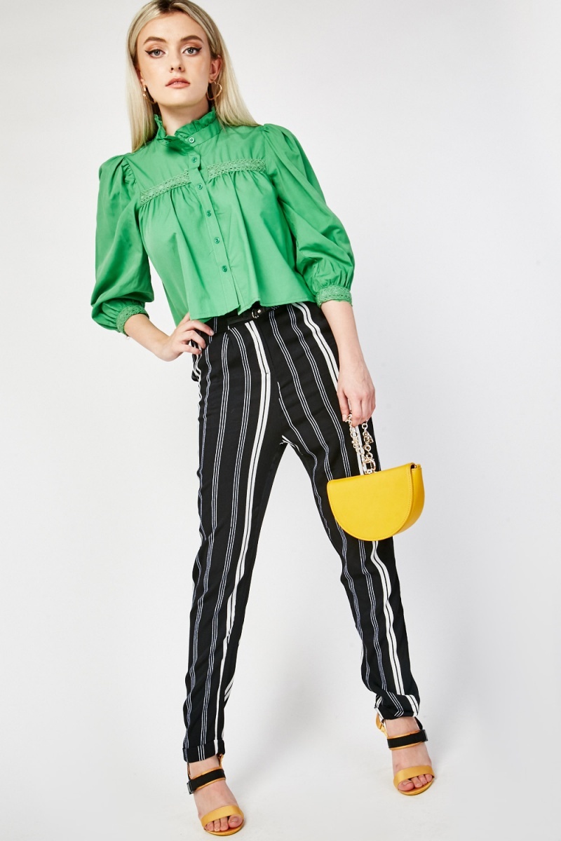 Striped Belted Trousers - Black/White - Just $2