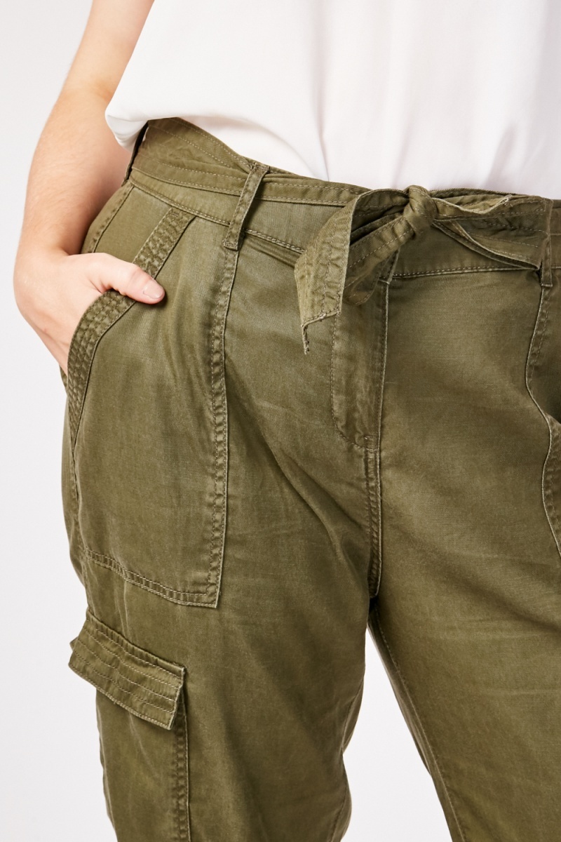 Belted Side Flap Pocket Trousers - Olive or Dusty Pink - Just $7