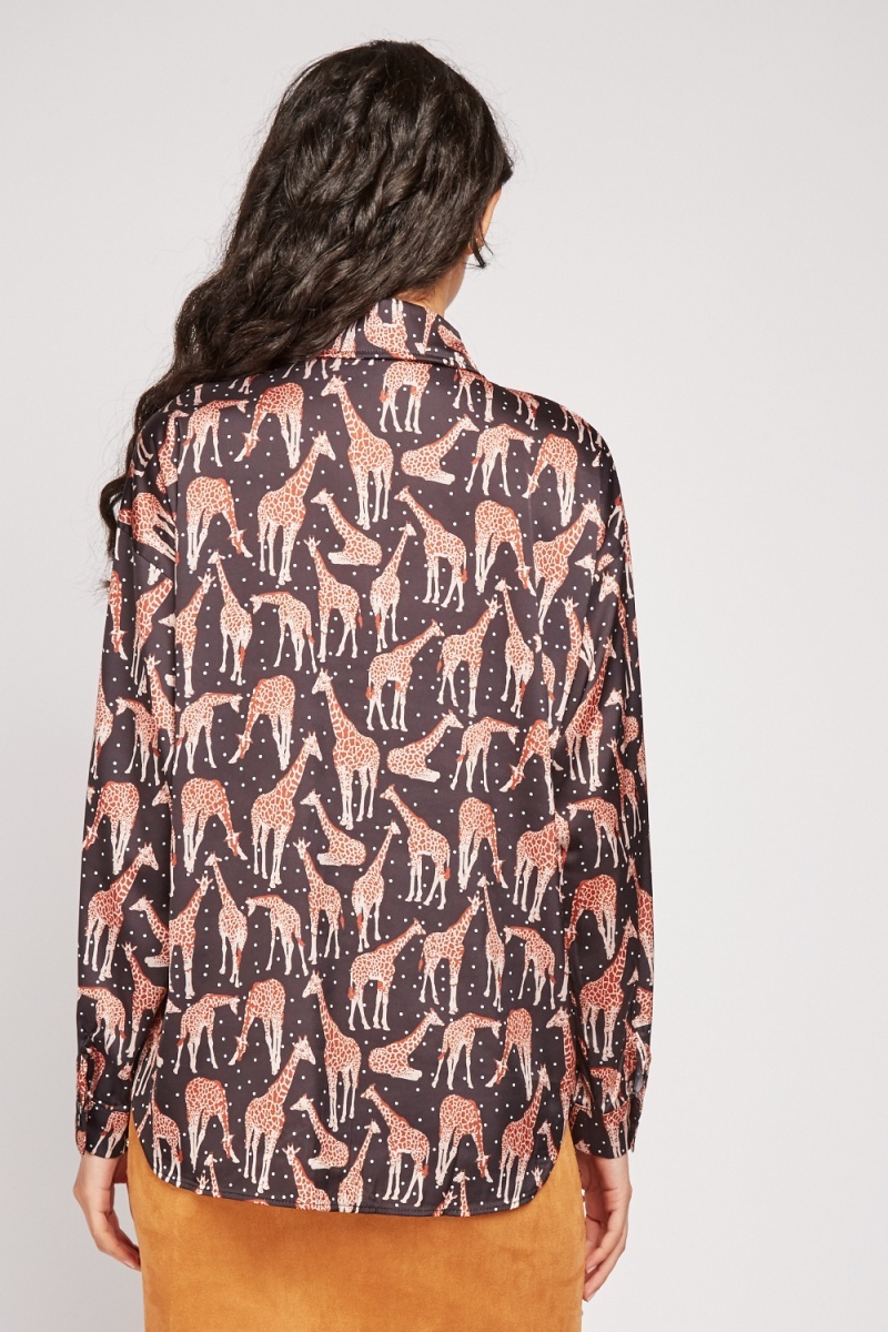 Giraffe Print Silky Shirt - Black/Multi - Just $7