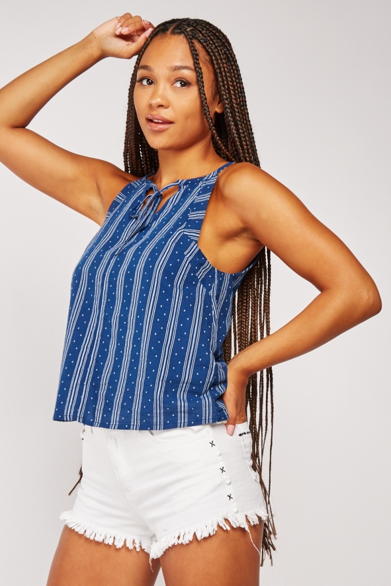 Printed Halter Neck Tie Up Top Dark Bluewhite Just 7 1753