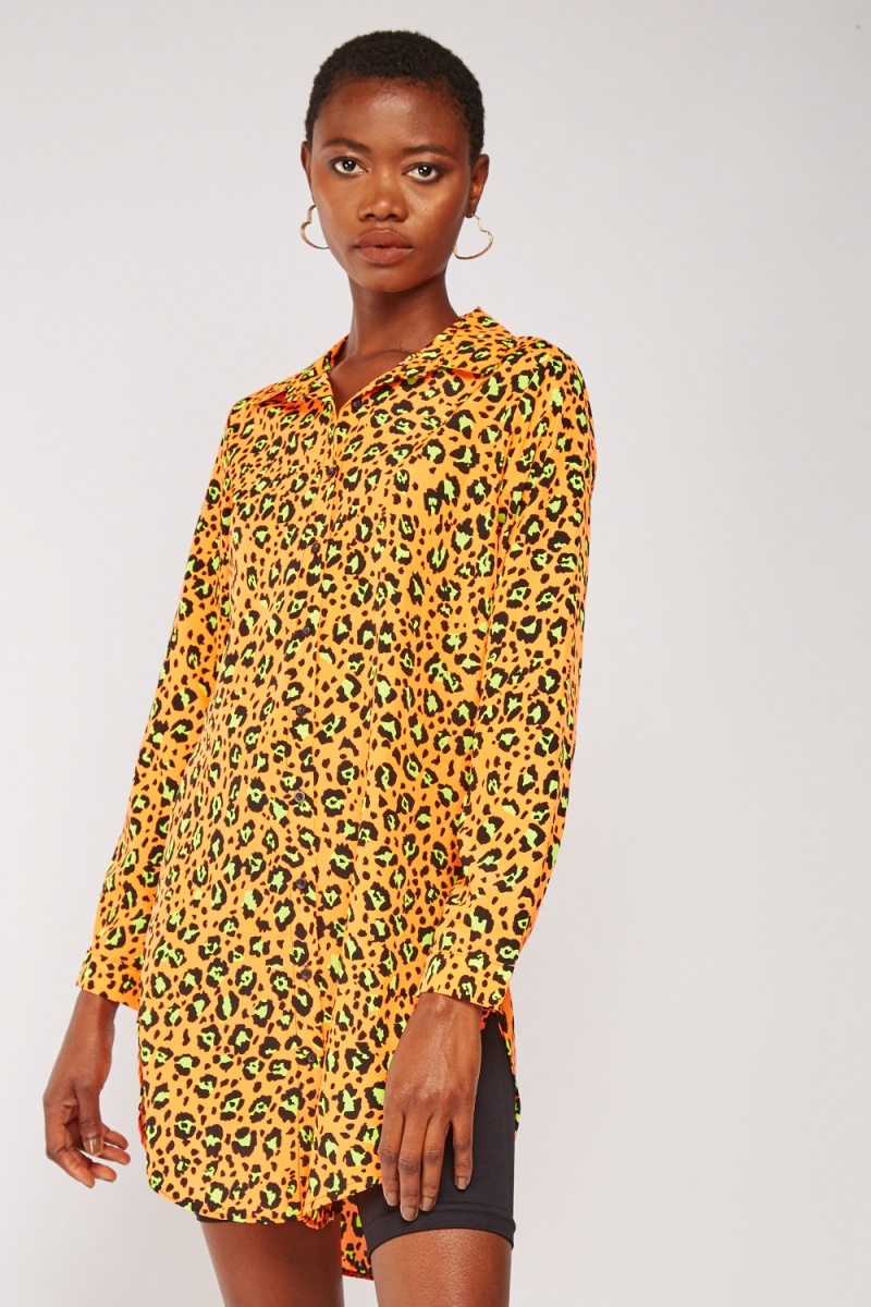 Leopard Print Long Shirt - Neon Orange/Multi or Neon Lime/Multi - Just $7