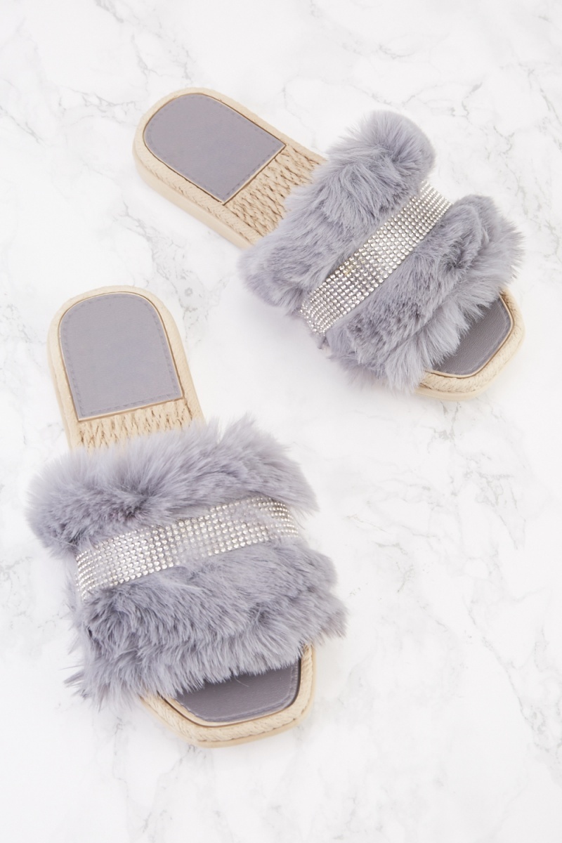 Rhinestone Trim Fluffy Slide Sandals - 5 Colours - Just $7