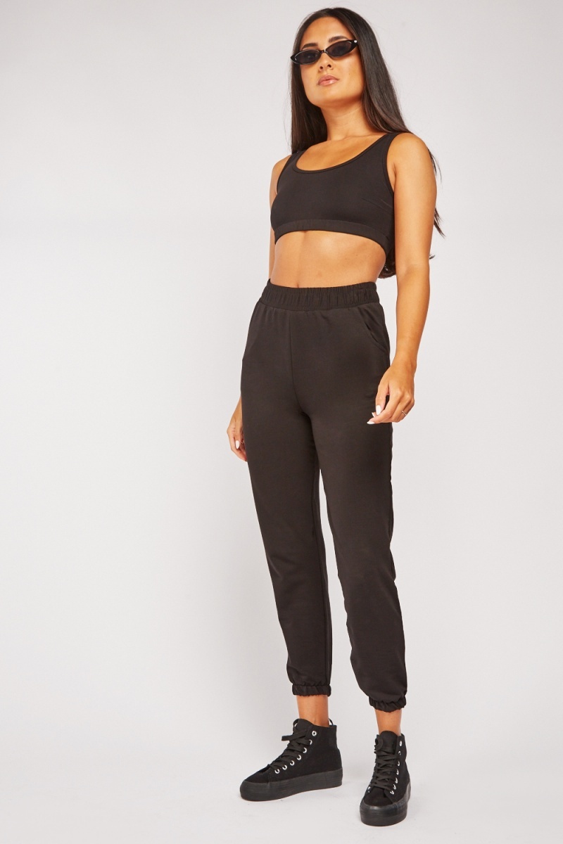 Crop Top And Joggers Set In Black - Just $7