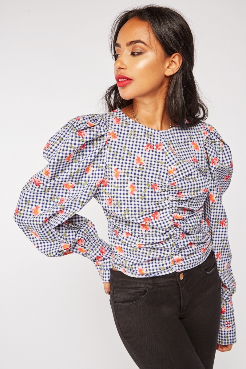 Gingham Floral Ruched Blouse - 3 Colours - Just $7
