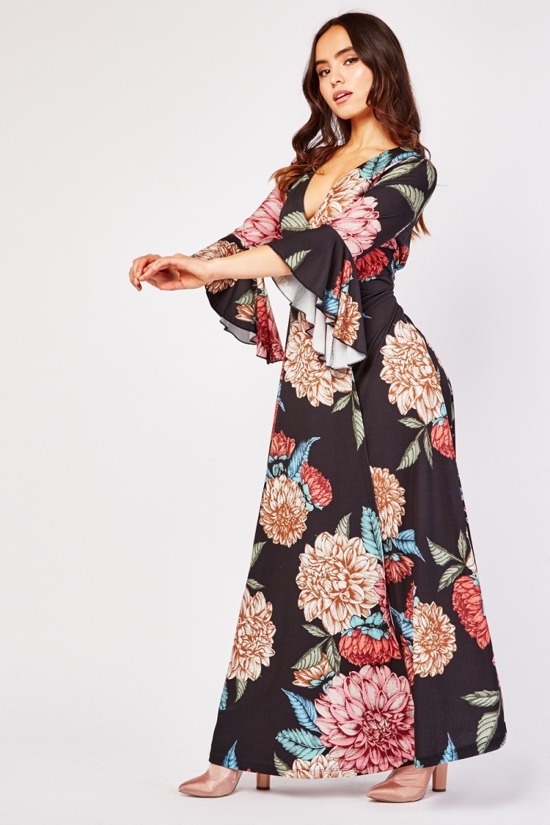 Flared Sleeve Floral Maxi Dress - Just $6