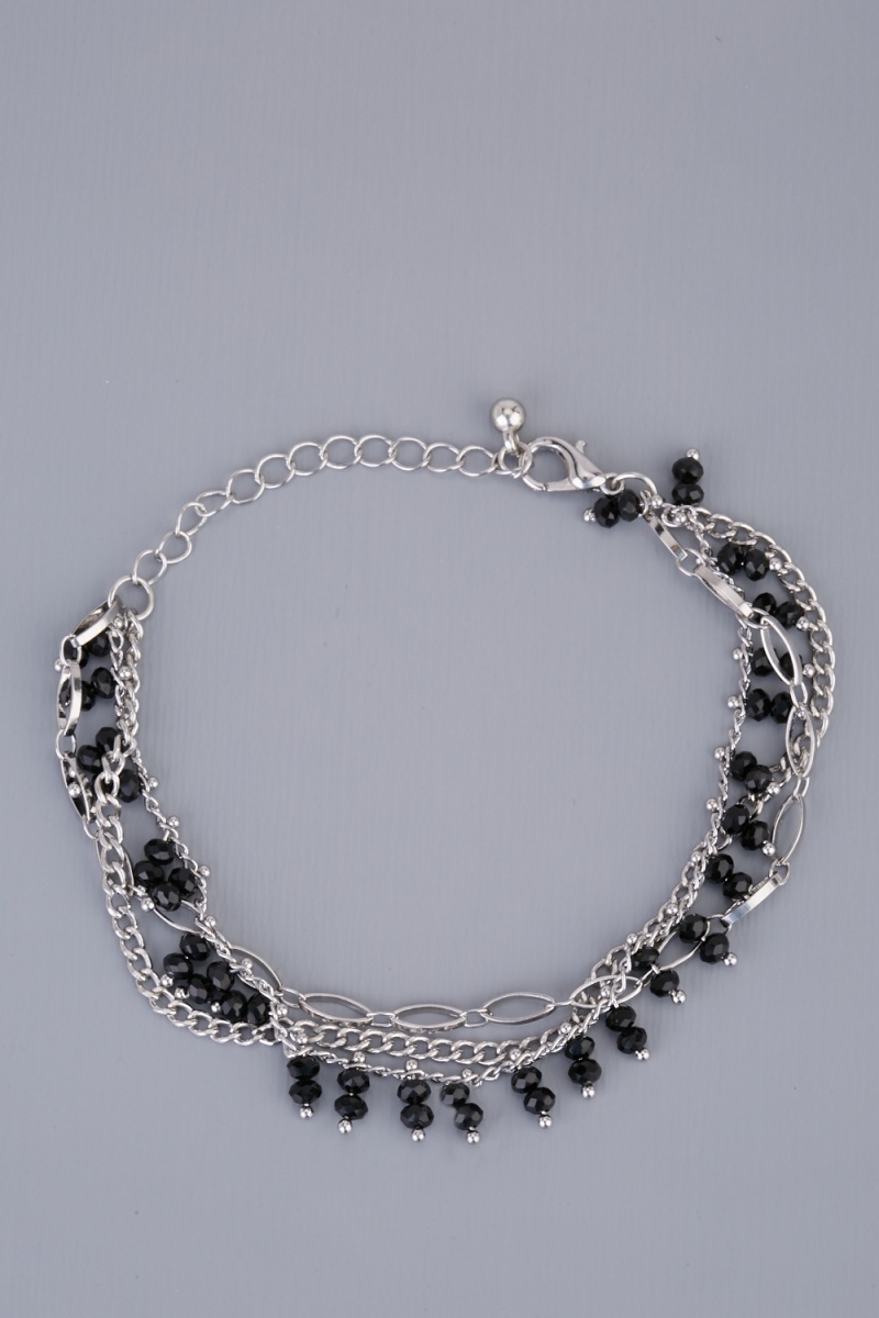 Beaded Layered Chain Bracelet - Silver/Black - Just $5