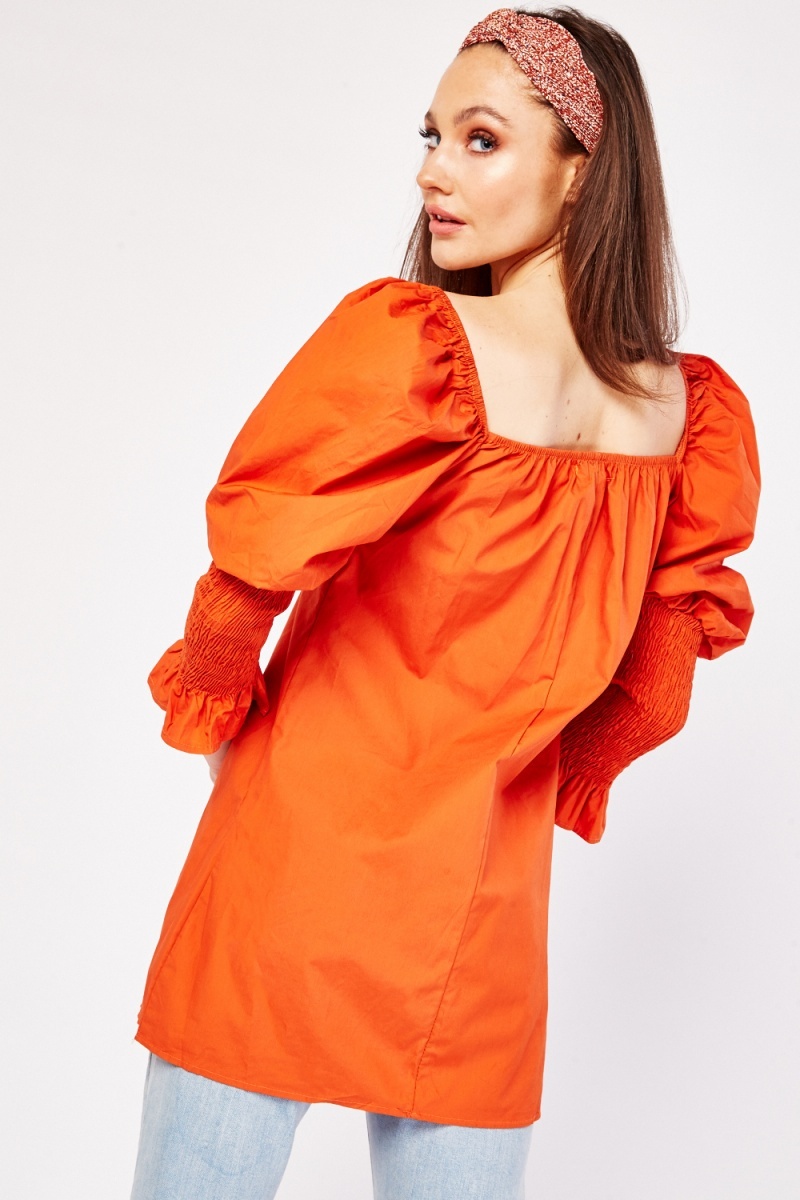 Tie Up Front Ruched Sleeve Top - Rust - Just $3