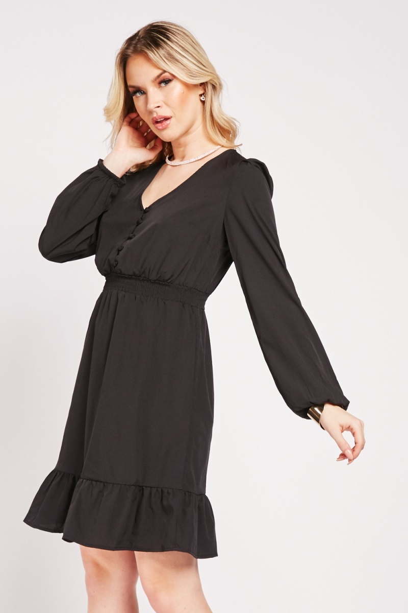 Ruffle Hem Midi Dress - Black - Just $6