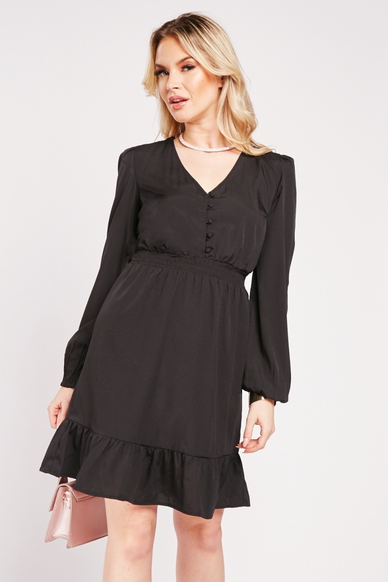 Ruffle Hem Midi Dress - Black - Just $6