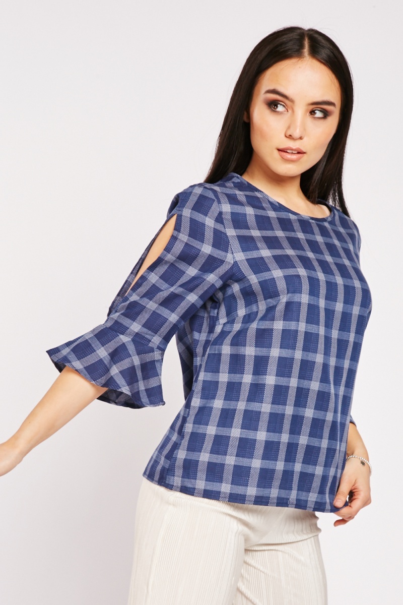 Grid Check Contrast Blouse - Navy/White - Just $2