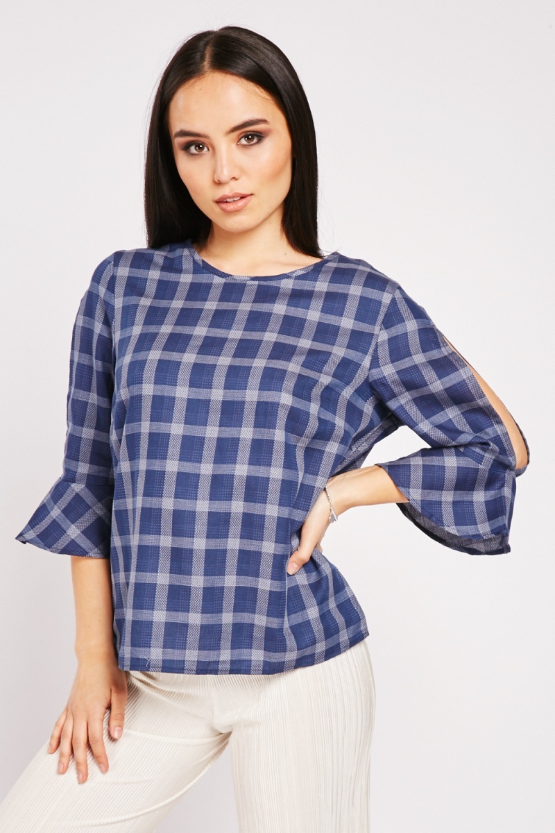 Grid Check Contrast Blouse - Navy/White - Just $2