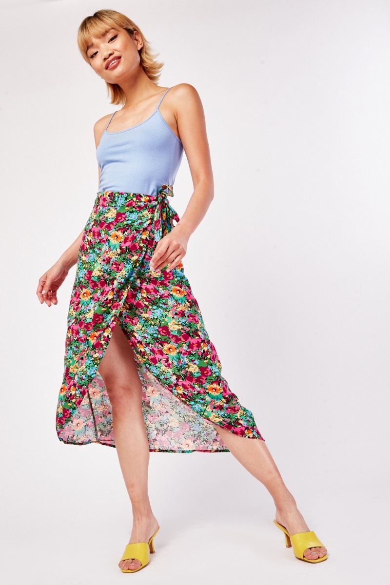 Calico Floral Wrap Skirt - Green/Multi - Just $6