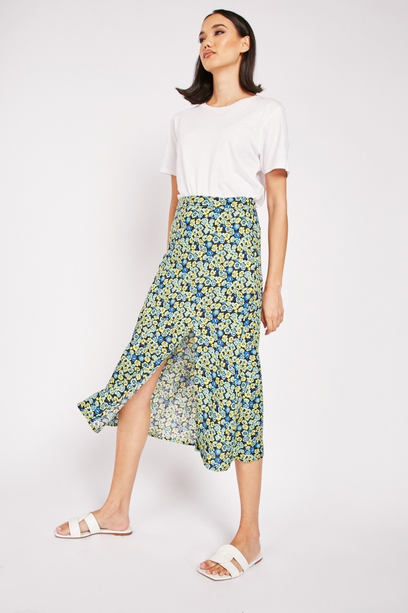 Floral Front Slit Midi Skirt - Yellow/Multi - Just $2