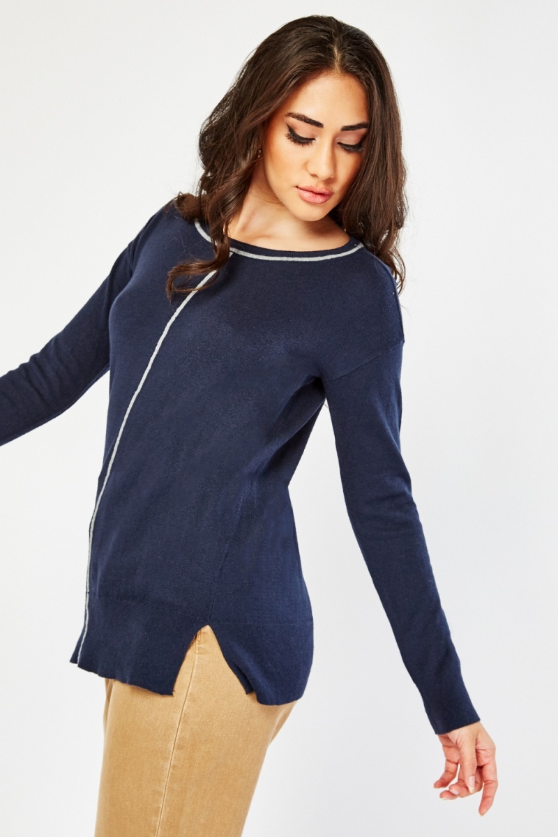 Side Slit Thin Knit Top - Navy or Beige - Just $4