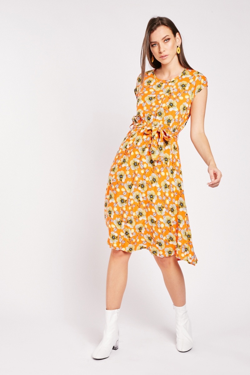 Cap Sleeve Floral Midi Dress - Green/Multi or Orange/Multi - Just $7