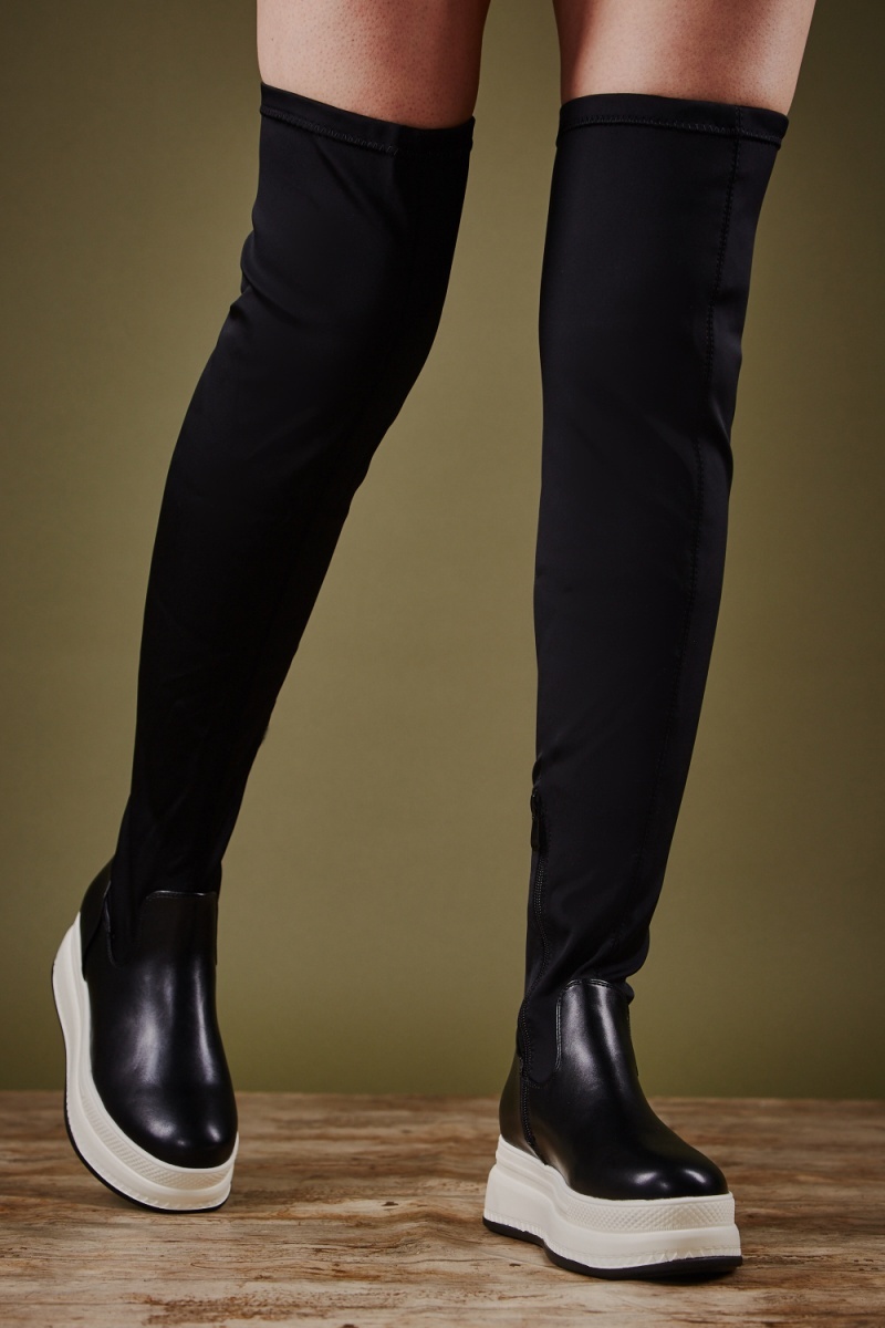 Platformed Sock Knee High Boots - Black - Just $9