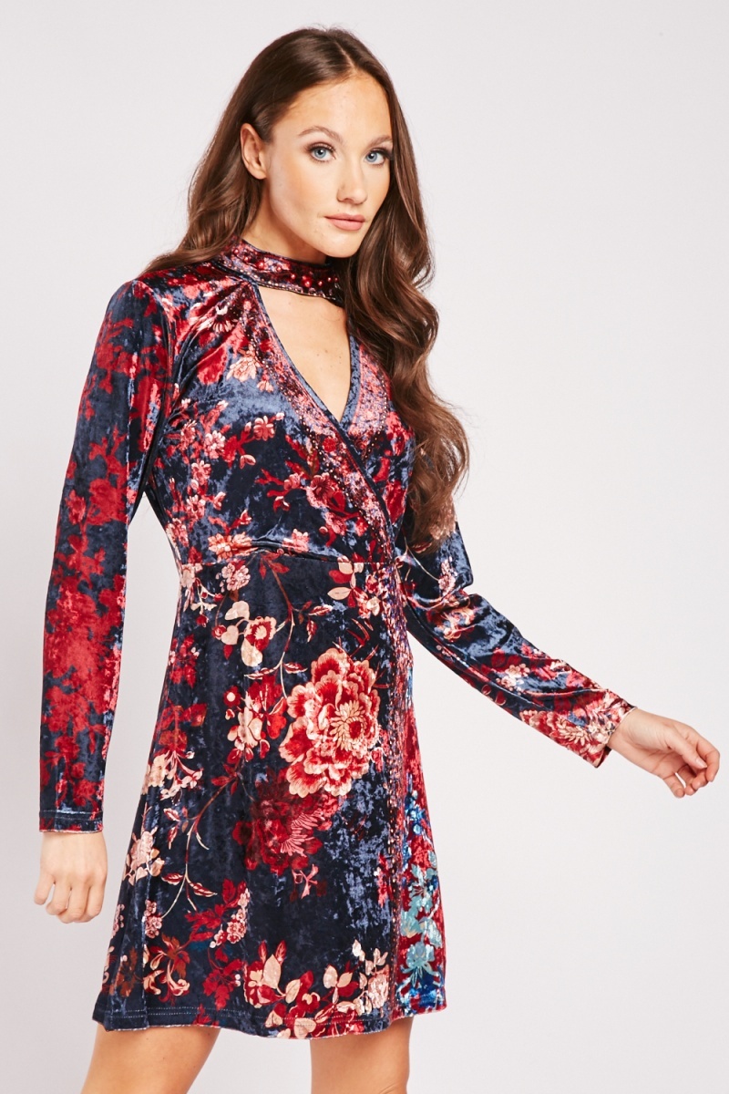 Pearl Trim Neck Wrap Front Swing Dress - Navy/Multi - Just $4