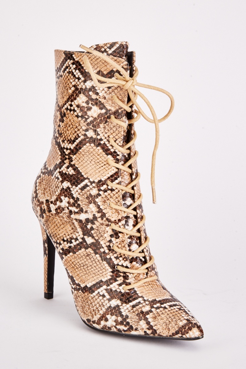 Snake Skin Textured Ankle Boots - Tan - Just $4