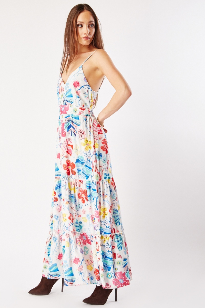 Floral Printed Tiered Maxi Dress - White/Multi - Just $3