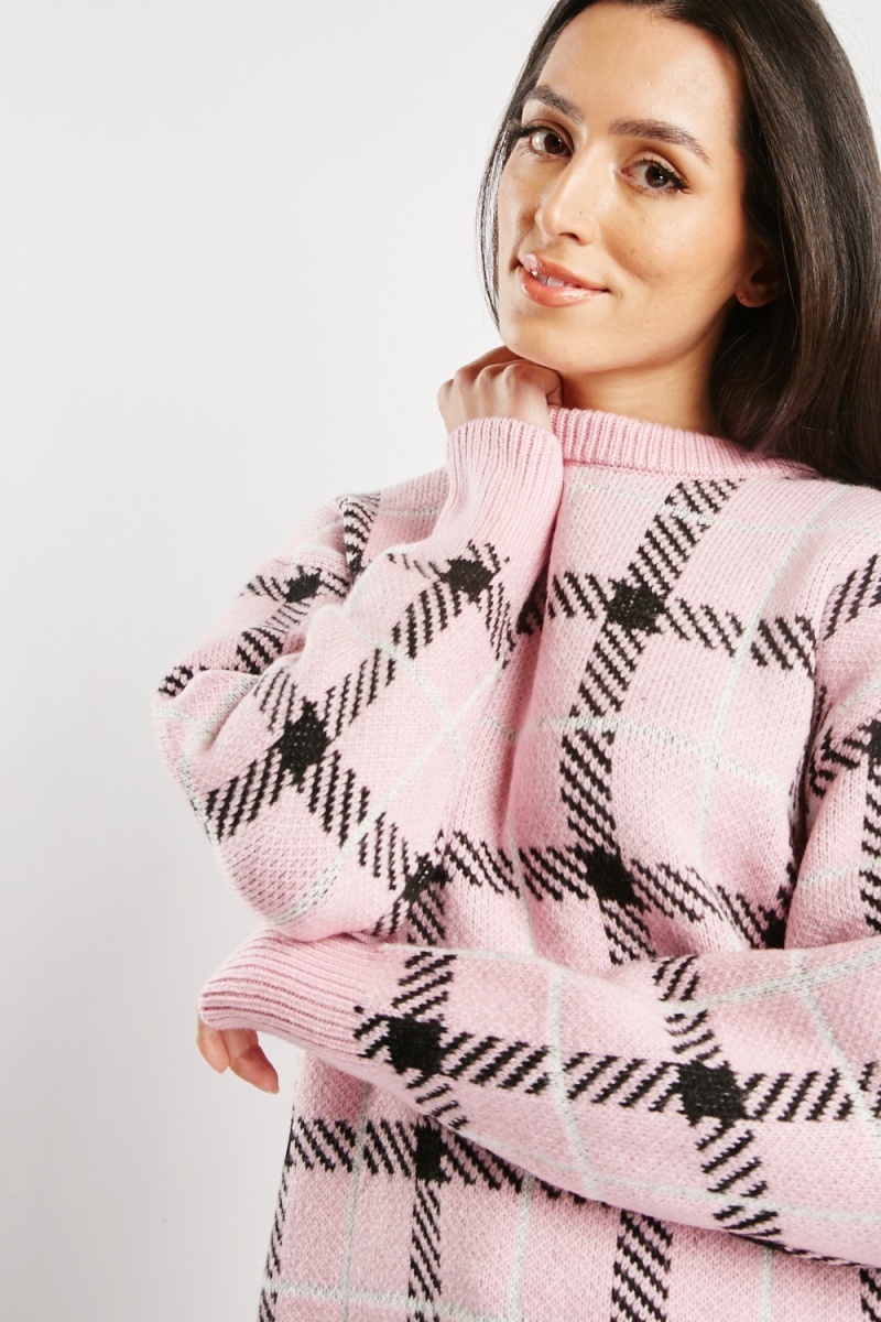 Grid Check Knitted Jumper - Pink/Multi - Just $6
