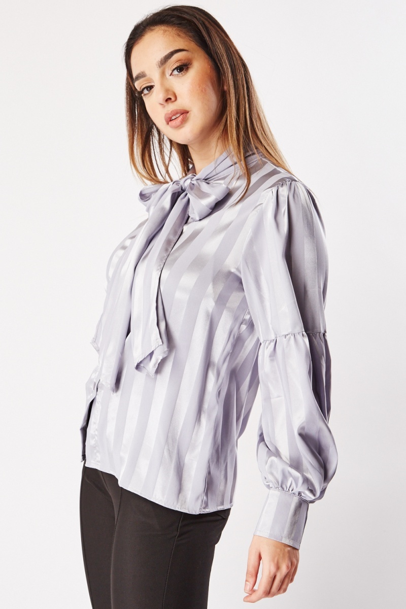 Balloon Sleeve Pussybow Shirt - Light Violet - Just $5