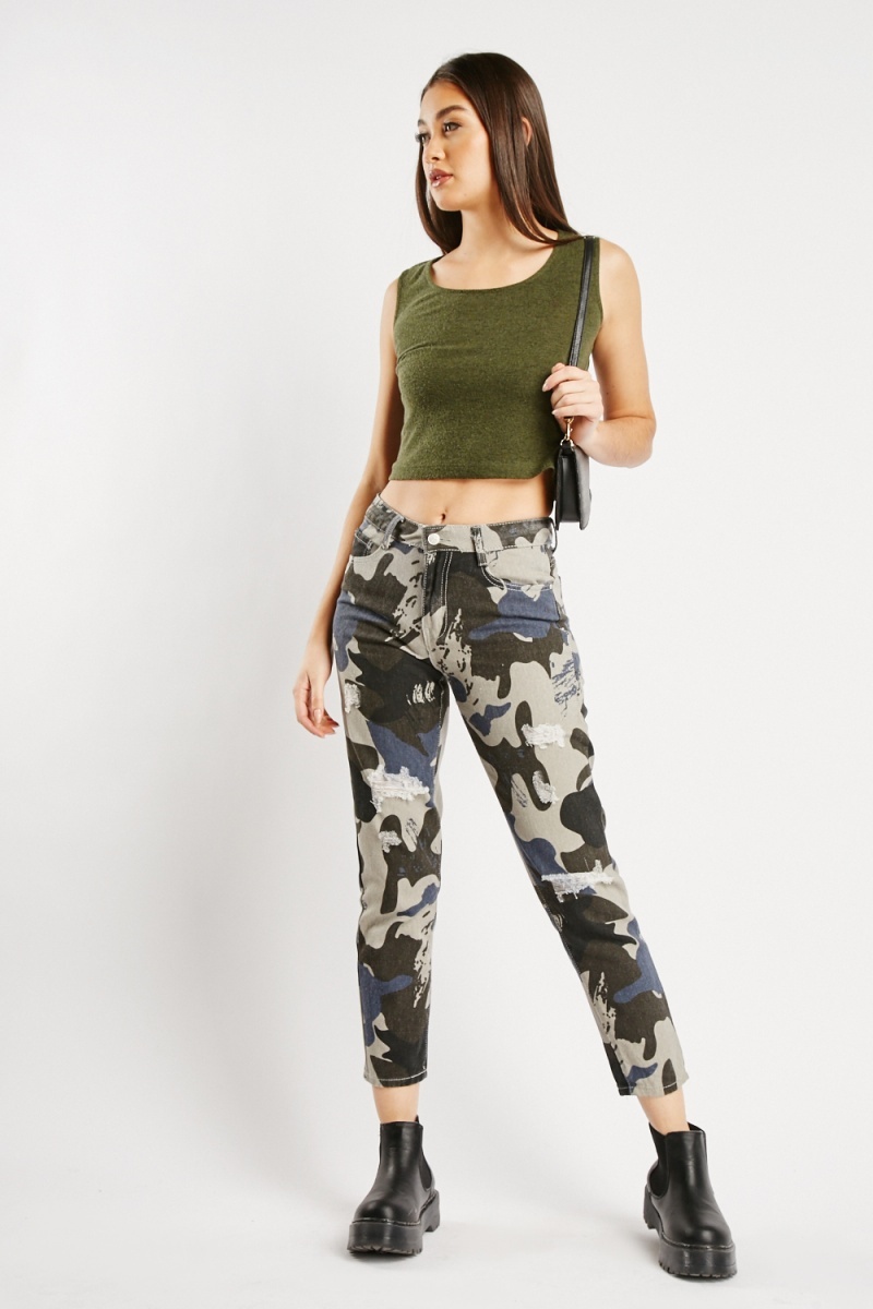 Ripped Camouflage Print Jeans - White/Multi - Just $2