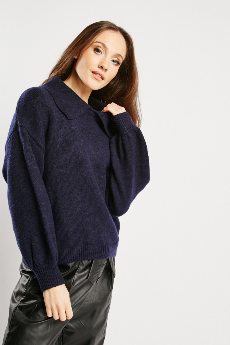 Collared Rib Knit Casual Jumper Navy Just 7