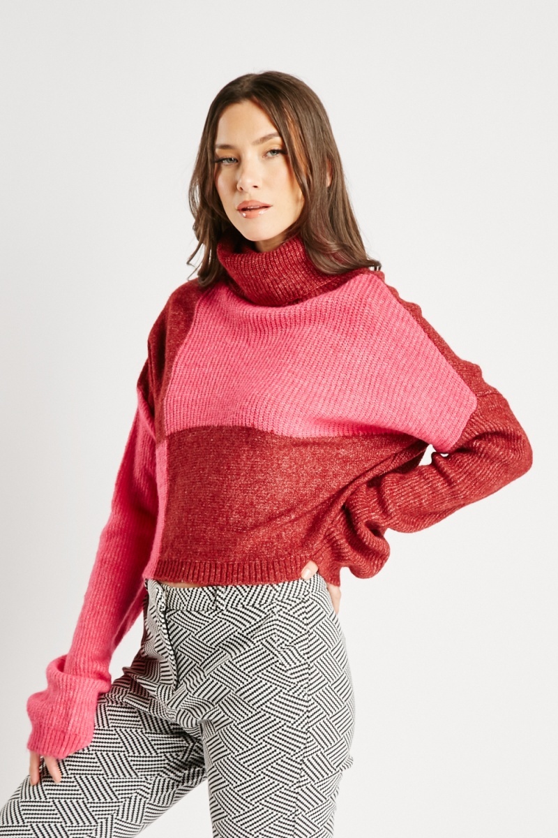 Rolled Neck Contrasted Jumper - Fuchsia/Multi - Just $7