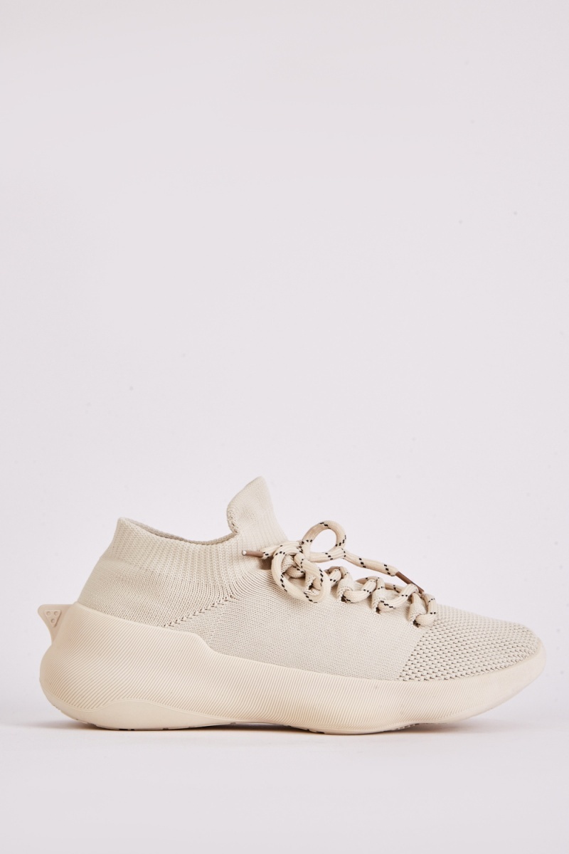 Textured Lace Up Chunky Sole Trainers - Beige - Just $5