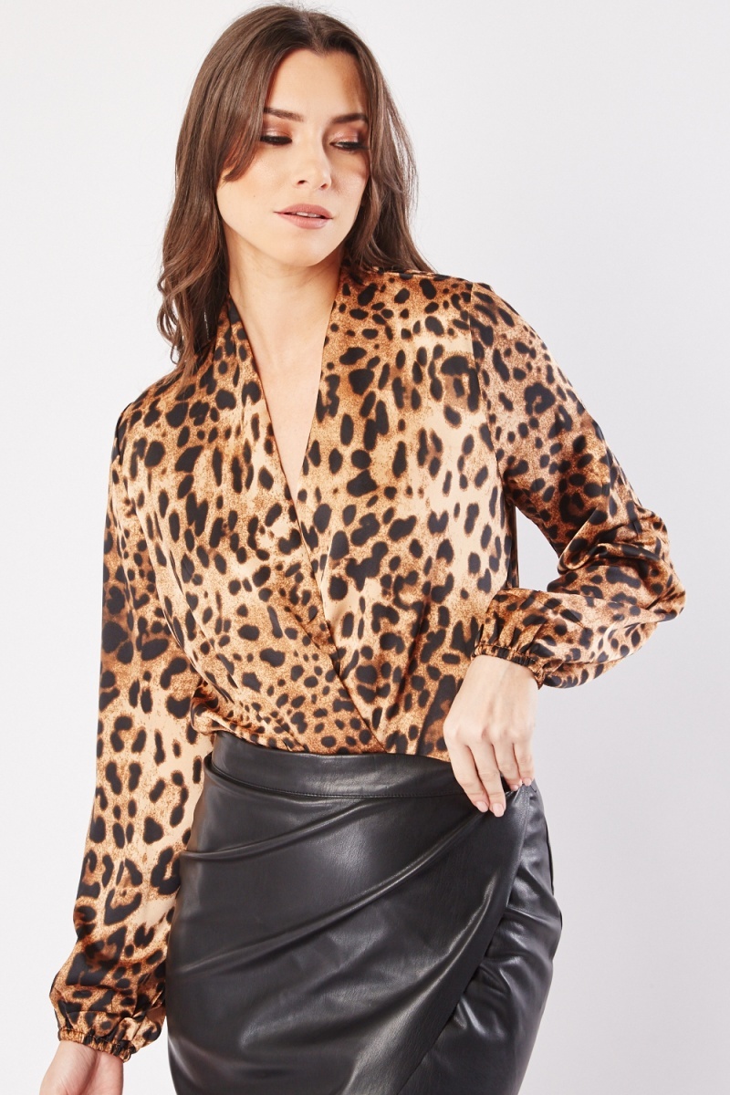 Leopard Print Drape Wrap Bodysuit - Light Brown/Black - Just $7