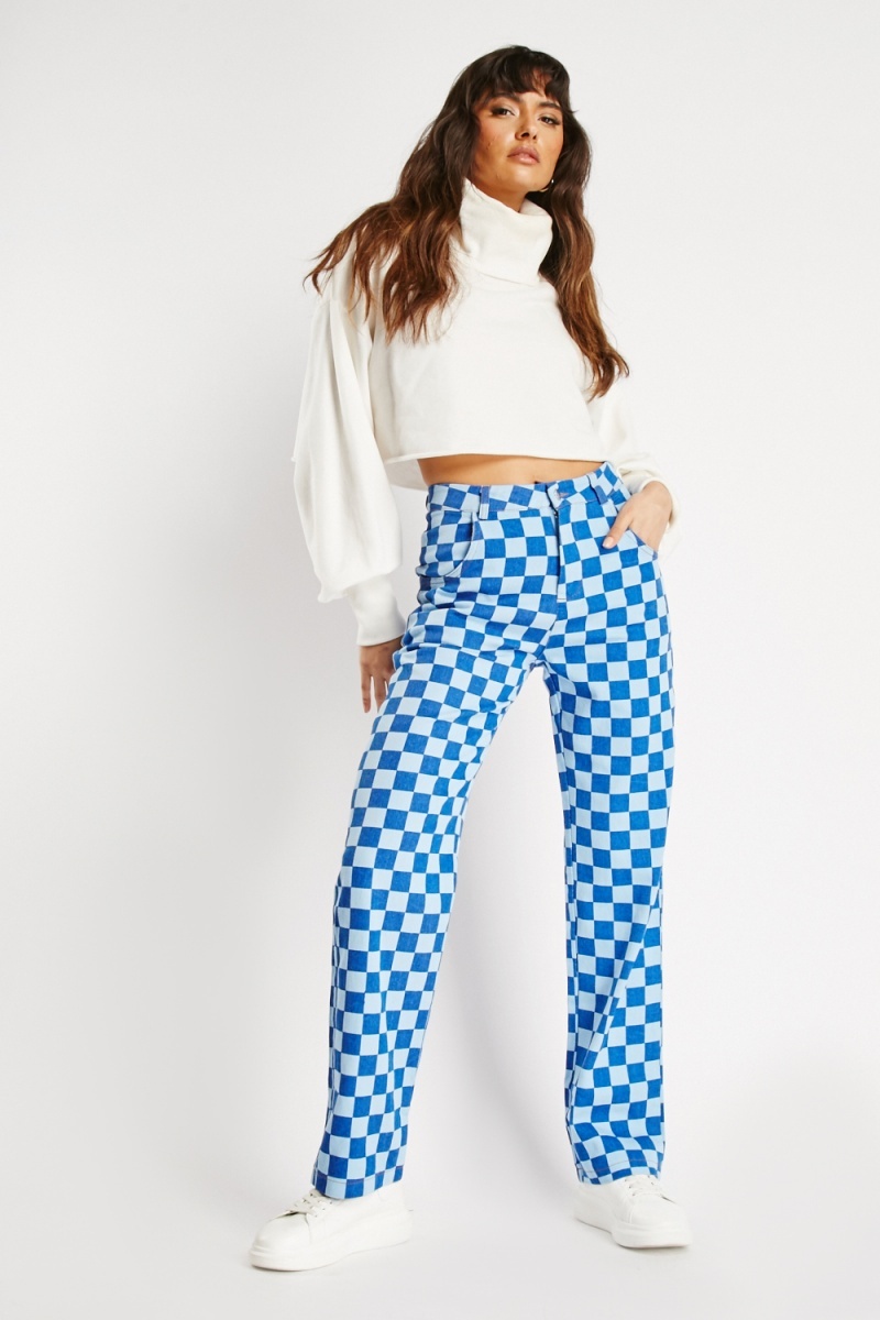 Checkered High Waist Cotton Trousers - Blue/Light Blue - Just $7