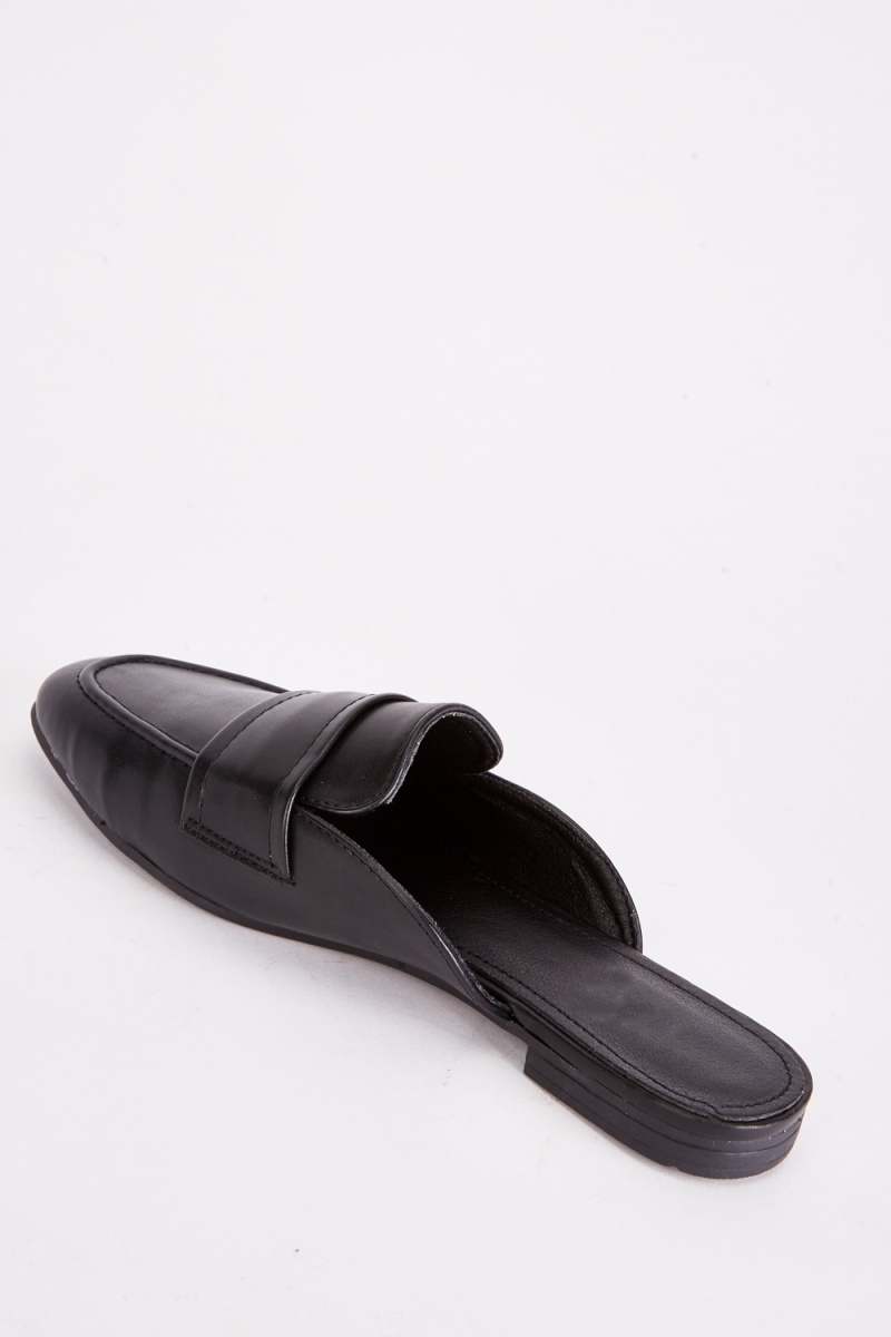 Faux Leather Flat Mules - Black - Just $7