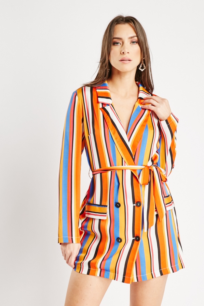 Striped Belted Waist Blazer Dress - White/Multi - Just $7