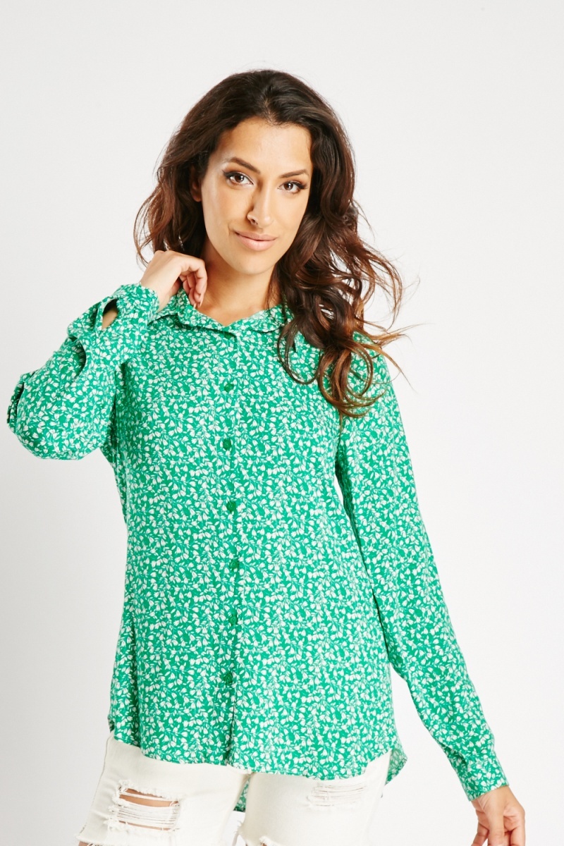 Circular Hem Ditsy Floral Shirt - Green/Multi - Just $7