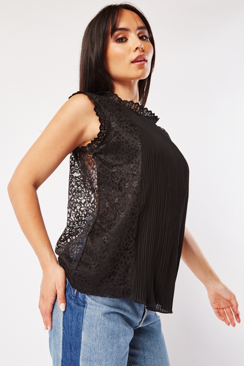 Lace Insert Pleated Top - Black - Just $3