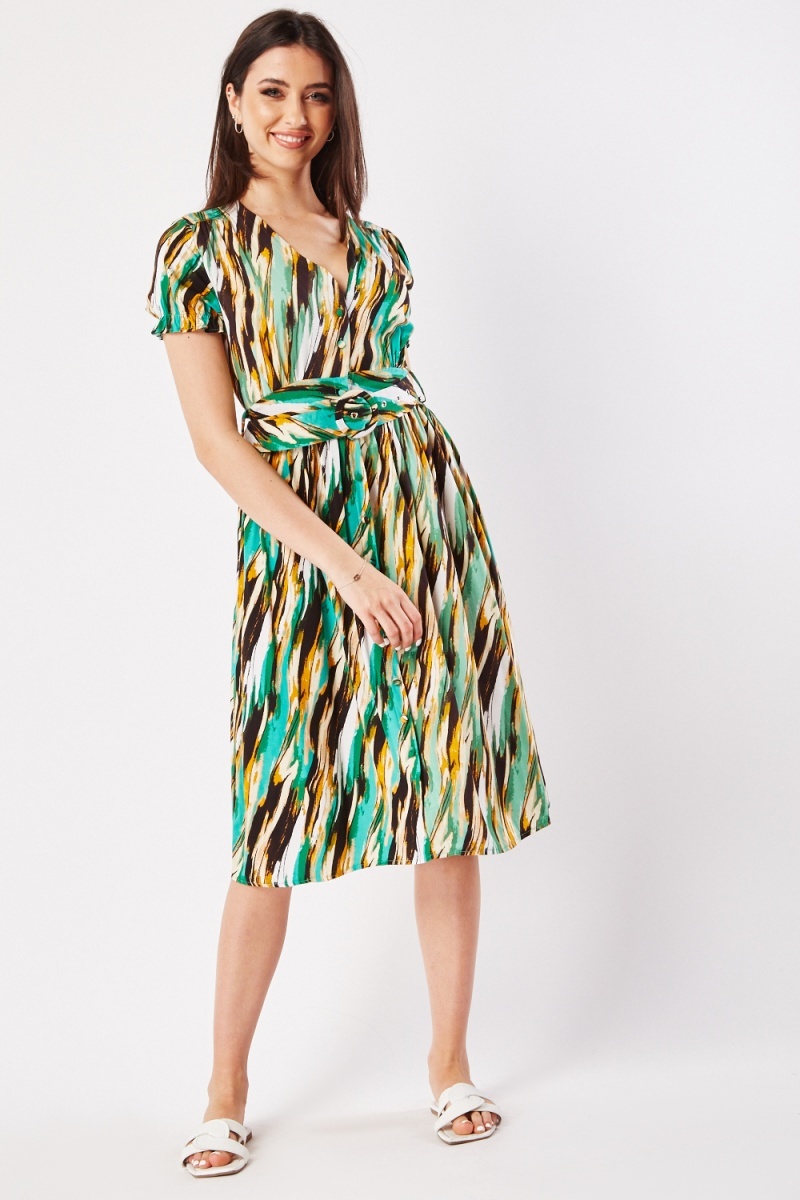 Belted Printed Short Sleeve Midi Dress - Green/Multi or Red/Multi - Just $4